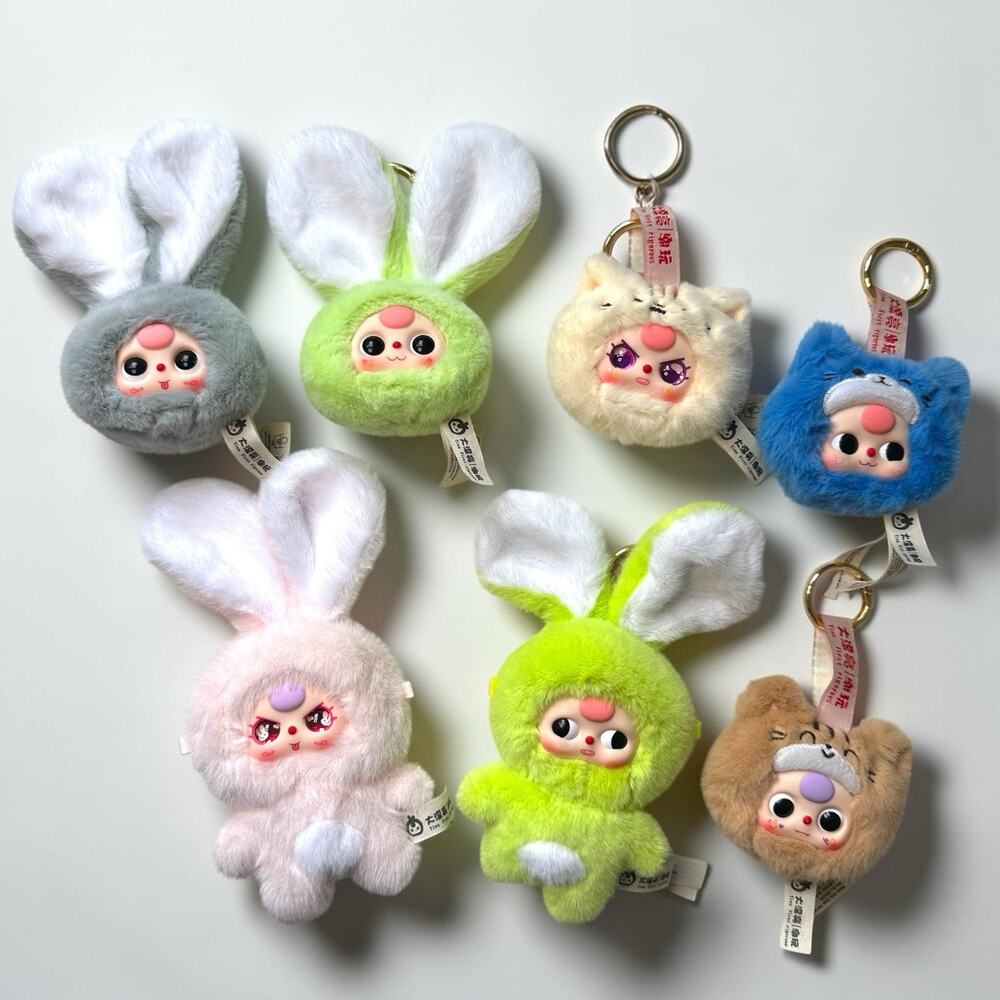 Lot Of 7 Baby Three Plush Keychain Kawaii Cat Bunny Harajuku Bag Charms Cute